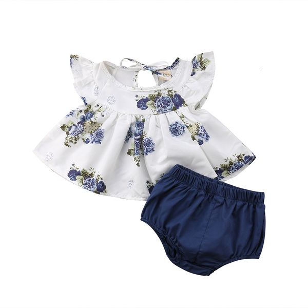 

newborn baby girls outfits clothes short short irregular t-shirt + floral pants slanted shoulder flower striped pants 1o30, White