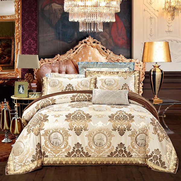 

european style golden jacquard satin luxury bedding sets/bedclothes  king size duvet cover bed linen sheet set pillowcase