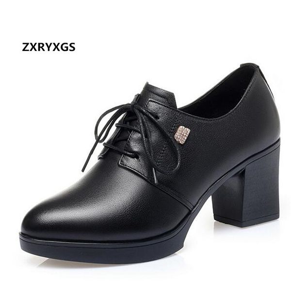 

2020 new autumn black shoes woman deep mouth high heels large size plus velvet warm shoes winter lace-up genuine leather