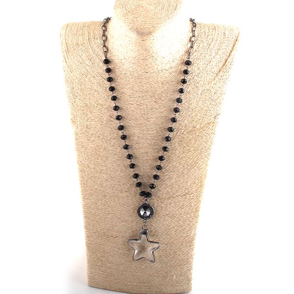 

moodpc fashion bohemian jewelry black crystal glass rosary chain gun plated chain glass pendant star cross necklaces, Silver