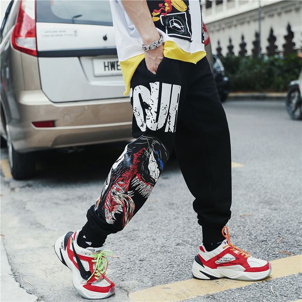 

мужская новая уличная мода отрава печать букет ножные случайные штаны хип-хоп свободные беговые брюки, Black;white