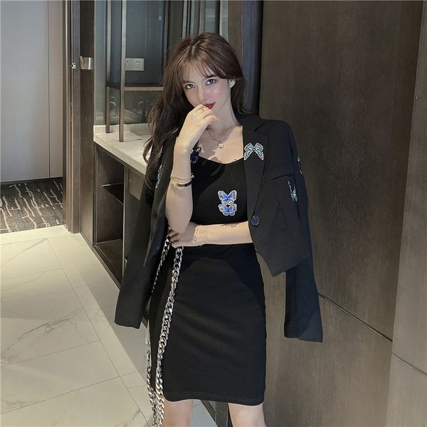 

women dresses design suit womens autumn 2020 new suspender skirt high waist lapel butterfly embroidered small suit jacket, White;black