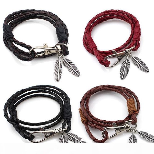 

wholesale- 2016 fashion leather bracelet feather leaf wrap braided wristband cuff punk multilayer bracelet men women charm bracelet bangle, Golden;silver