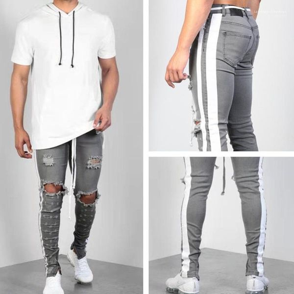 

ripped striped slim fit pants street skinny mens designer jeans spring summer male hombres jean trousers, Blue