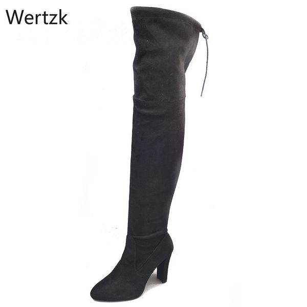 

winter high boots women high heel dropshipping fashion stretch increase pointed toe zipper square heel over the knee boots a685, Black