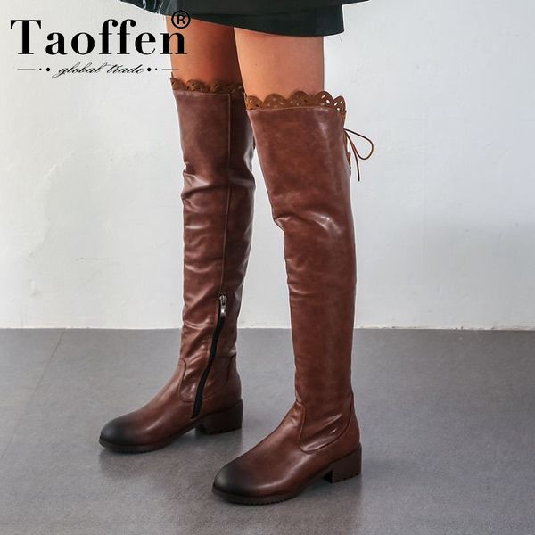 

taoffen size 34-48 2020 new arrival cross strap over the knee boots round toe flats outdoor office shoes woman winter warm boots, Black