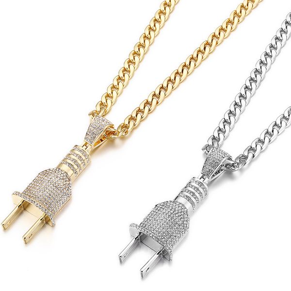 

fashion bling bling electrical plug shape iced out pendants necklaces charm chains gold/silver color men women hip hop jewelry