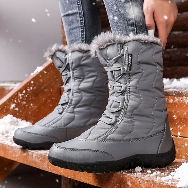 

women's warm faux fur lined mid calf winter snow boots waterproof insulated hiking boots, Black