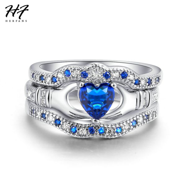 

herfans luxury elegant blue heart cut cubic zirconia silver color 3 pieces ring sets engagement rings for women ale r615, Golden;silver