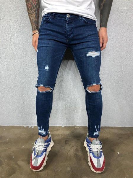 

designer washed hole jeans designer fashion teenagers jean zipper fly leisure snug pencil pants summer mens, Blue