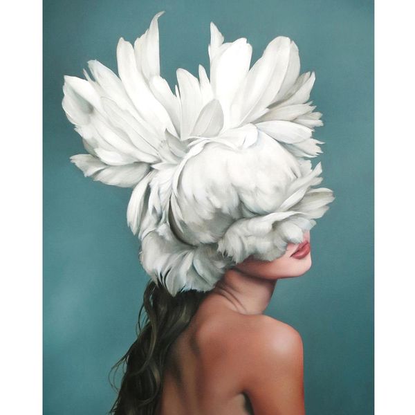 2020 Nordic Wall Art Floral Wing Feather Woman Abstract Fashion Lady