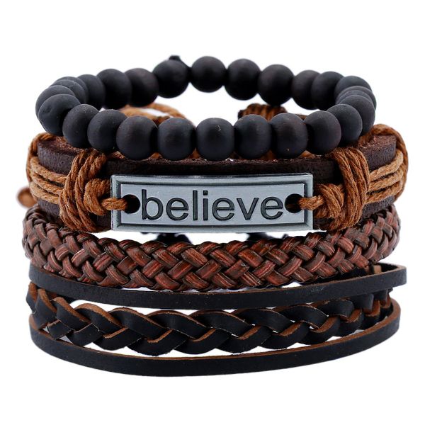 

4pcs/ set braided wrap leather bracelets for vintage life tree rudder charm wood beads ethnic tribal wristbands bangles gift, Golden;silver