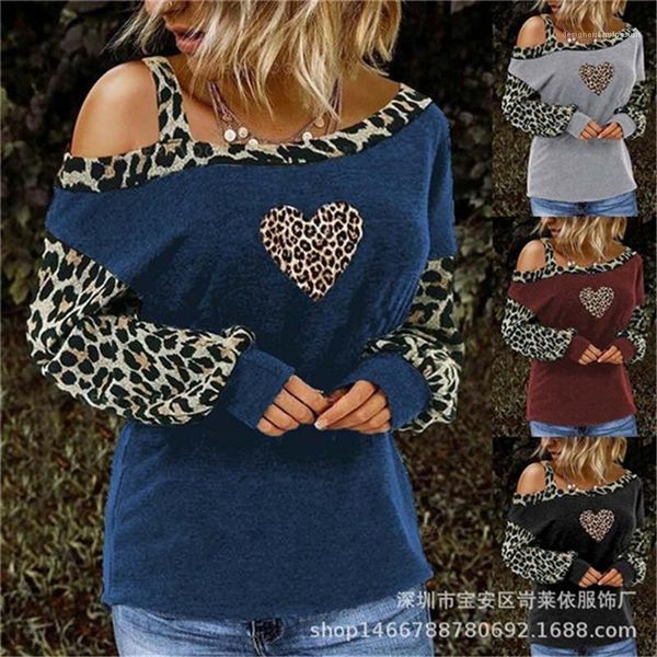 

designer leopard patchwork tees long sleeve o neck ladies tshirts fashion contrast color loose female clothing womens, White