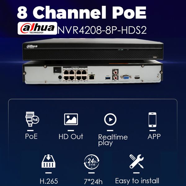 

dahua nvr4208-8p-hds2 8ch with 8 poe ports nvr 1u multi-language network video recorder, Black;white
