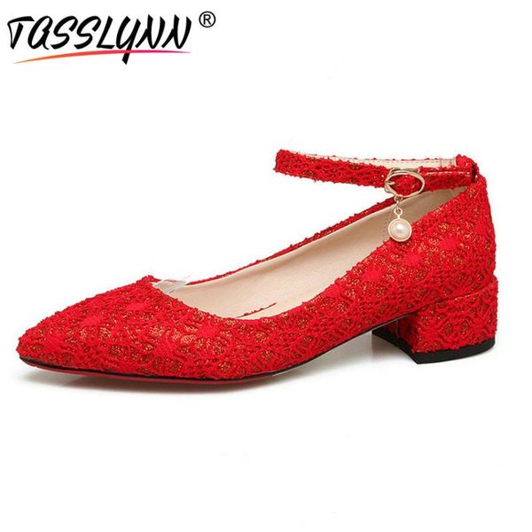 

tasslynn 2020 women pumps wedding med heels buckle cloth pointed toe shoes square heels black ladies elegant shoes size 34-43