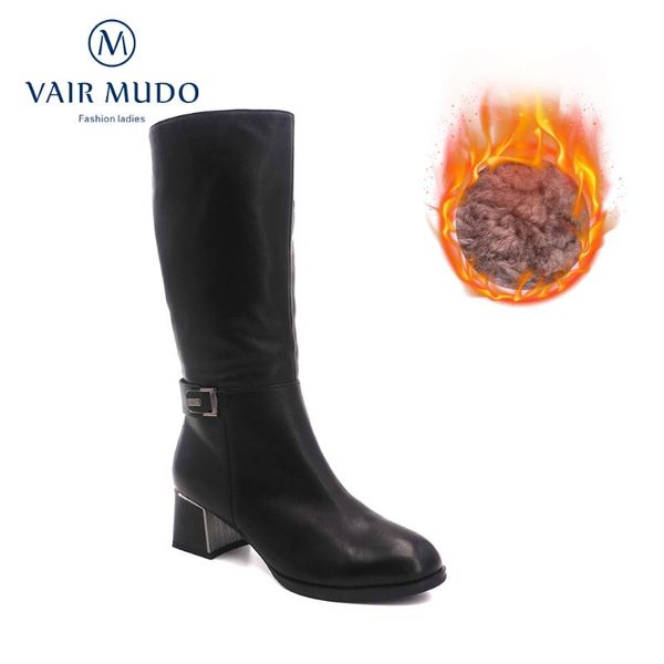 

vair mudo new brand winter boots genuine leather shoes women boots mid-calf round toe wool buckle Â ladies shoes jx3, Black