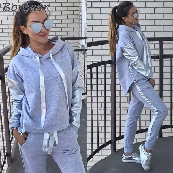 

bonjean 2020 autumn winter women suits warm 2 pieces sets hoodies long sleeve sweatshirt and long pants tracksuit outfits, Gray