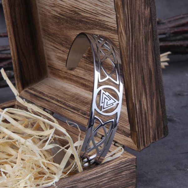

stainless steel nordic viking norse valknut armband adjustable men wristband cuff bracelets with wooden box, Black