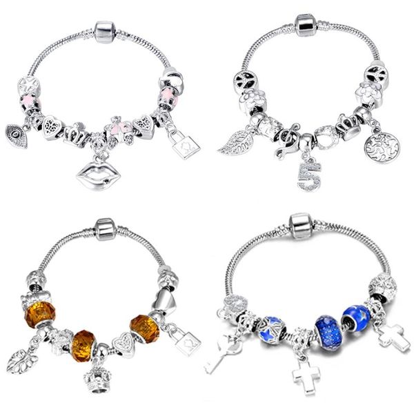 

luxury silver color chain beaded cross lock lip eyes heart shape pendant bracelet bangle for women fashion wedding party jewelry, Golden;silver