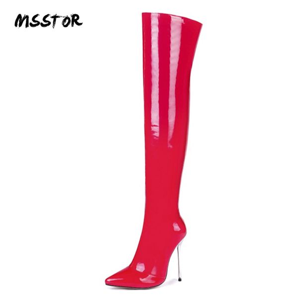 

msstor high knee boots pointed toe stiletto thin heel black zipper winter shoes women high heels party big size women boots