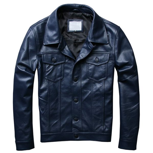 

men's leather & faux genuine cow jacket men short luxury coat cowhide spring plus size chaqueta cuero hombre kj1930, Black