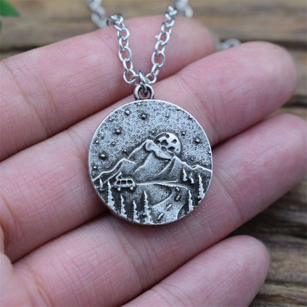 

mountains and galaxy scene necklace outer space jewelry, Silver