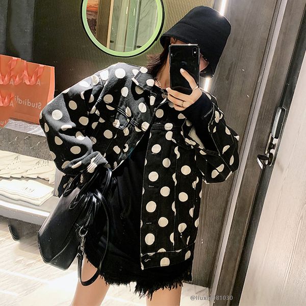 

autumn loose denim jacket women harajuku bomber jacket streetwear polka dot black jeans women printed nzy172, Black;brown