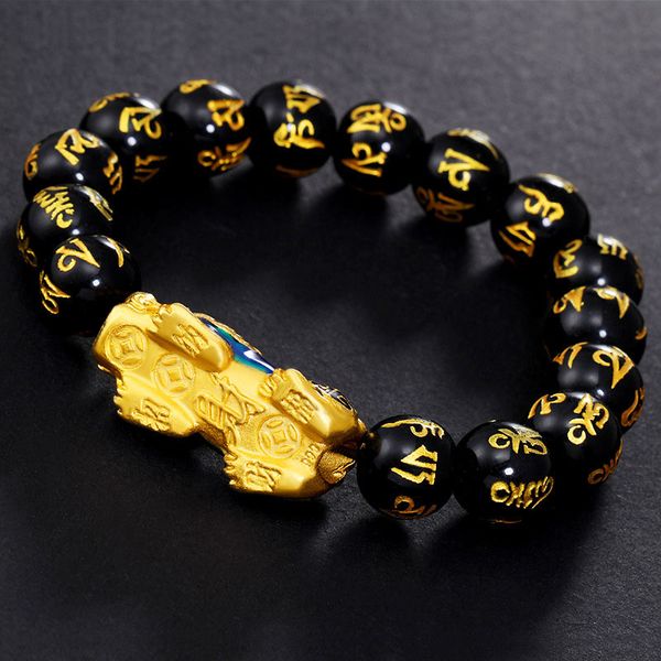 

feng shui green/black obsidian alloy wealth golden pixiu bracelet lucky jewelry a66