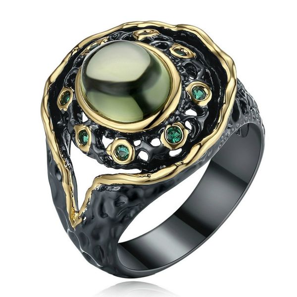 

Februaryfrost Brand Designer Neo-Gothic Round Green Zirconia Vintage Ring for Women Black Gold Color Elegant Jewelry Anillos Mujer WA11484