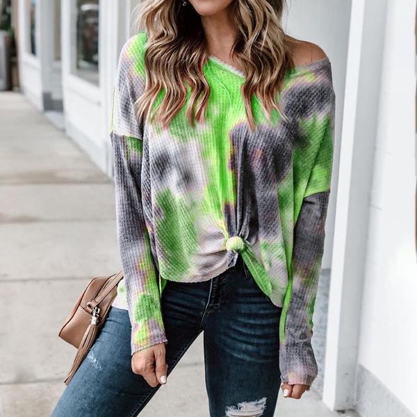 

2020 new fashion autumn long-sleeved shirt women's v-neck tie-dye blouse printed loose sweater dropshipping, White