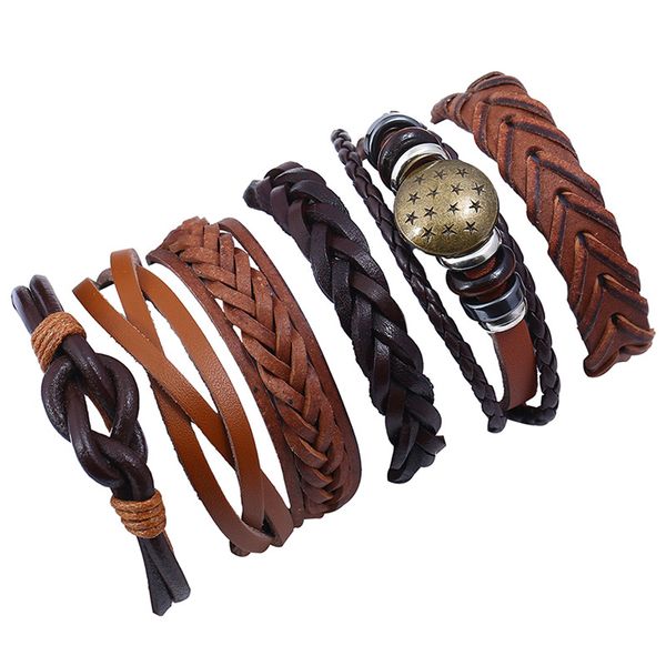 

6pcs set braid bracelets fashion punk multilayer wrap beads cuff bangle vintage mens genuine leather wristbands for women star charm jewelry, Golden;silver
