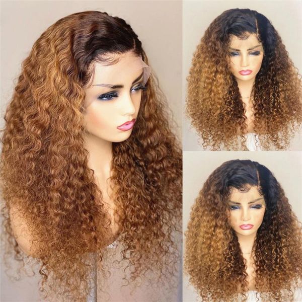 

honey blonde long curly human hair lace wigs with baby hair ombre blonde loose wave brazilian remy glueless wigs for women, Black;brown