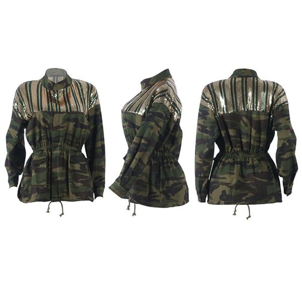 

designers clothes autumn women matching camo sequin jacket coat designer ladies drawstring stand collar fashion streetwear s-xxl ly8201, White