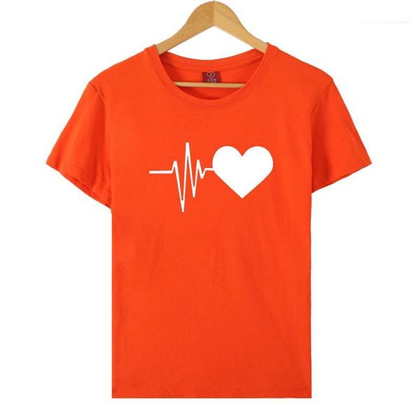 

crew neck loose cute heart print short sleeve tshirt womens summer regular length designer clothing, White