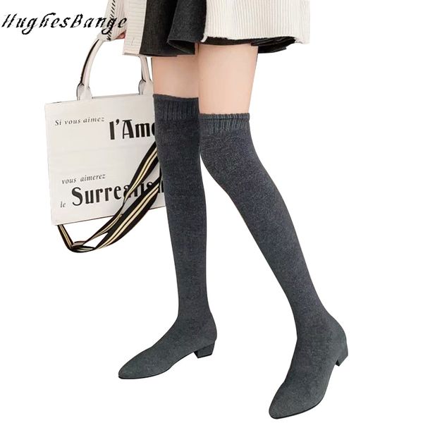 

ladies thigh high boots fashion suede leather high heels female over the knee boots shoes 2020 winter stretch fabric pointy slim, Black