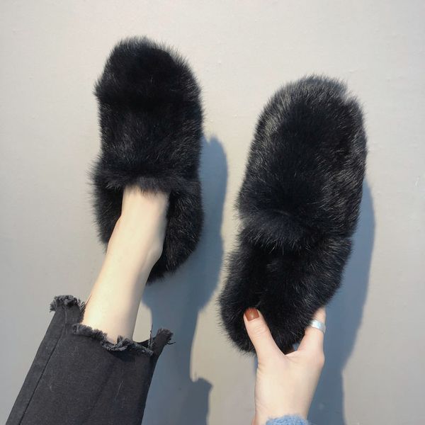 

new designer winter fur flats women slip on plush loafers roud toe furry moccasins ladies cozy mules thicken warm espadrilles292, Black