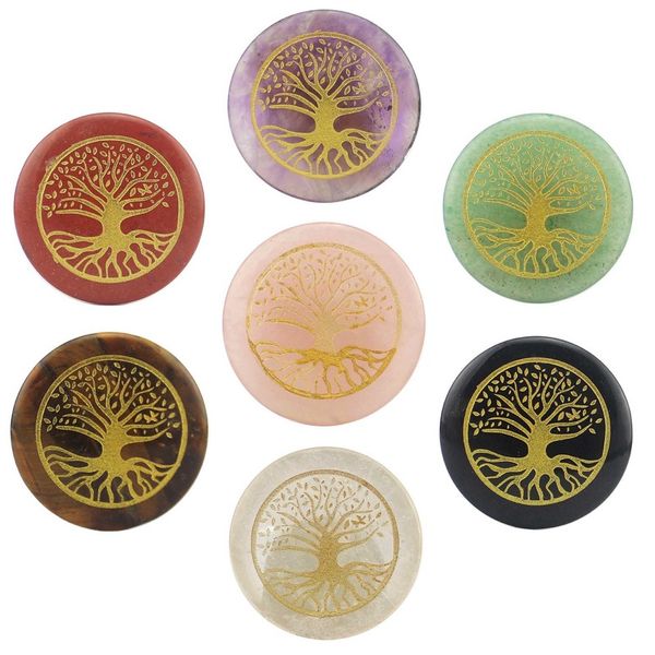 

charms 1pc natural stone crystal tiger eye tree of life reiki round card brand 30mm for decorations feng shui wicca diy jewelry making, Bronze;silver