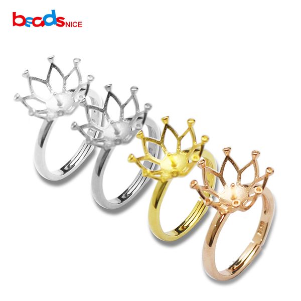 

beadsnice sterling silver ring setting for 13mm round beads adjustable ring size crown silver id 35763, Golden;silver