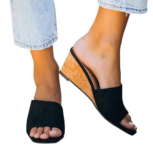 

высокие каблуки adisputient новая горячая женская мода джинсовой тапочки женщины клин пятки носком туфли на платформе 2020, Black