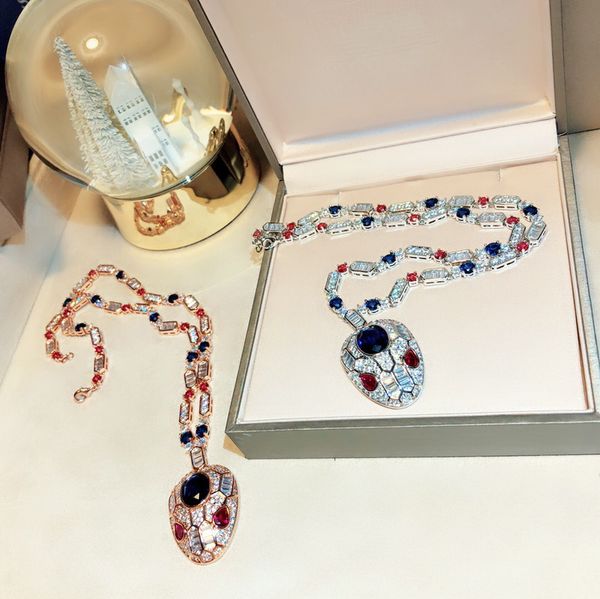 

fashion lady women brass 18k gold inlay gemstone necklaces with full diamond red/blue eyes zircon snake head pendant, Silver