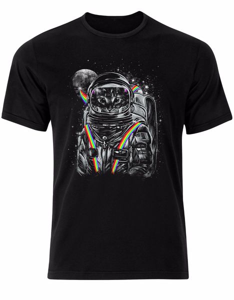 

2019 new short a cat in the space astronaut colours rainbow moon kitty meow men tshirt short tee100% cottonsummer tee shirt