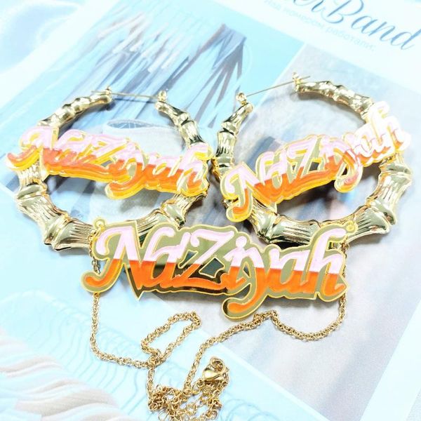 

aurolaco fashion popular custom name earrings two-tone name bamboo circle female acrylic earrings, Golden;silver