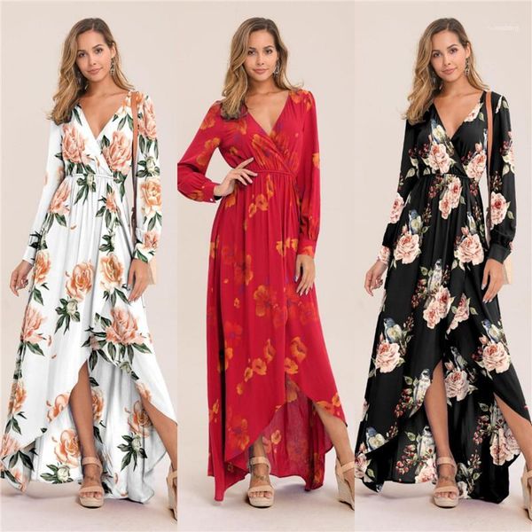 

v neck long dress summer multi color asymmetrical casual dresses women clothing womens designer dresses floral print, Black;gray