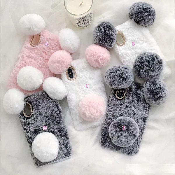 

3d panda cute case for iphone 11 pro max xr xs x 8 6 rabbit genuine hair bling diamond fluffy fur girl soft tpu cartoon holder cover luxury
