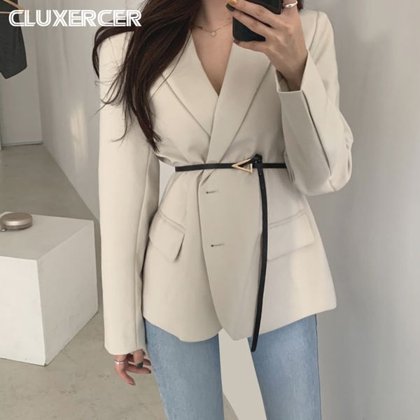 

korean style woman blazer jacket notched collar pocket long sleeve office lady solid color slim suit outerwear female clothing, White;black