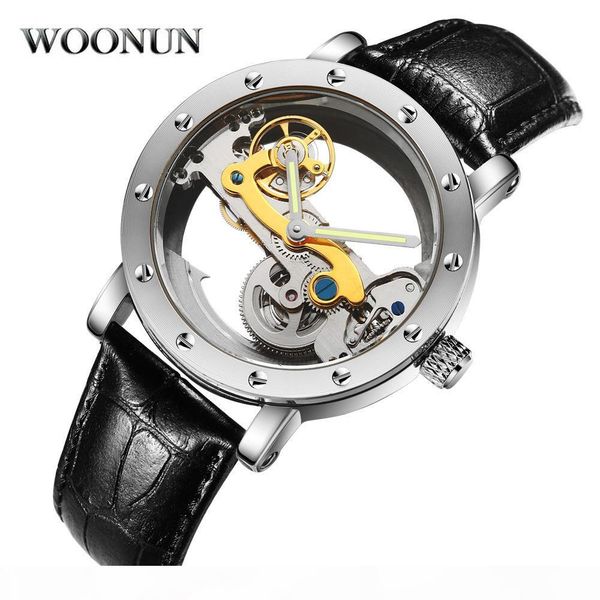 

woonun waterproof mechanical watches men transparent tourbillon automatic mechanical skeleton wrist watches relogio masculino j190706, Slivery;brown