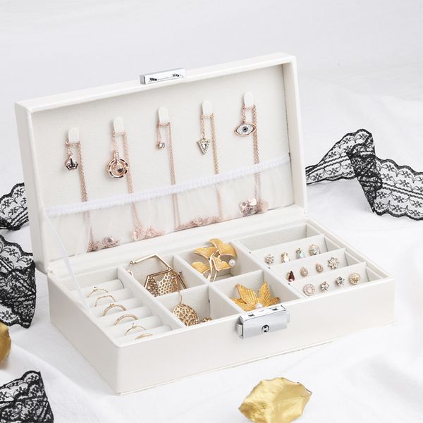 

exquisite travel jewelry box women leather rectangle packaging necklace rings earrings storage organizer display gift boxes case mx200810, Black;white