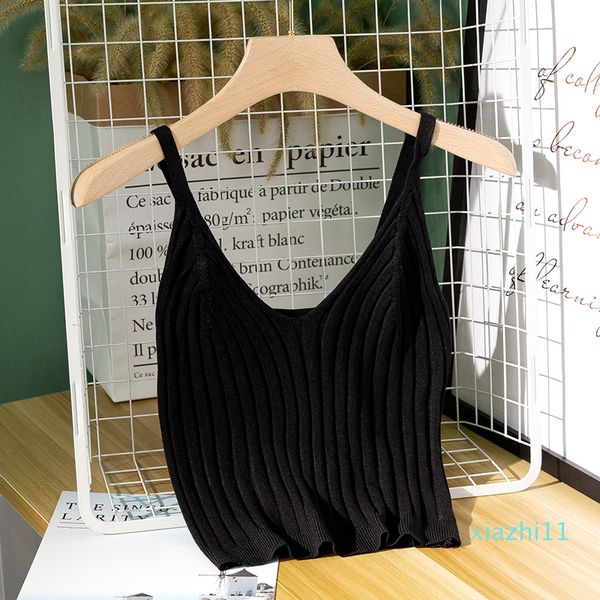 

2019082002 women knitted crop crop sleeveless cropped vest slim sling knitted tank v-neck plain camisole high elastic, White