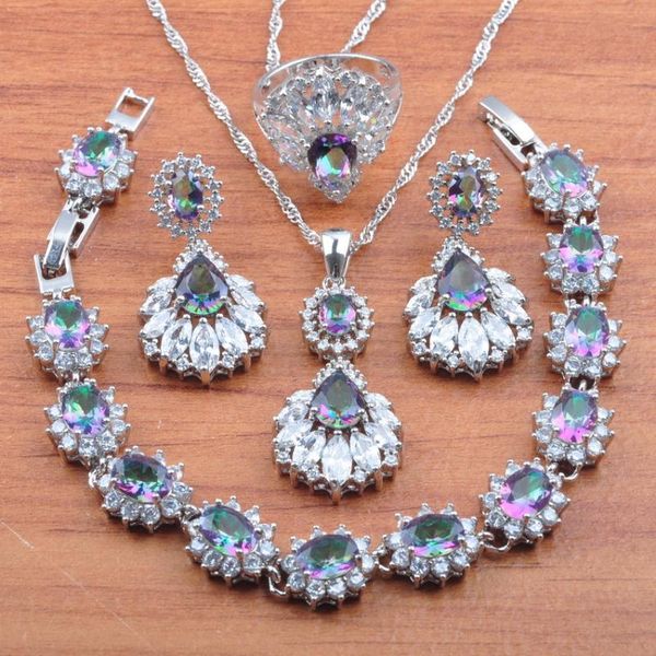 

jewelry set for women rainbow zirconia silver color earrings and necklace set with pendant rings bracelet js0480
