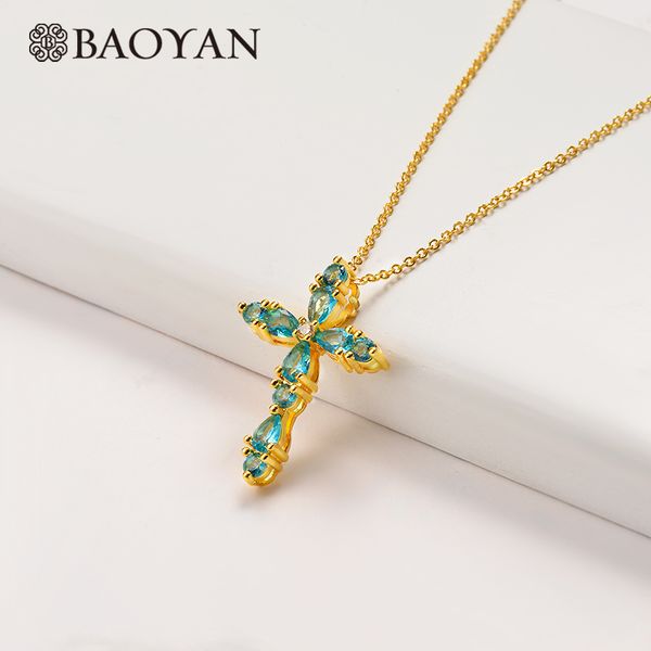 

baoyan cross necklace vintage blue water drop cubic zirconia religious pendant necklace gold copper party for women, Silver